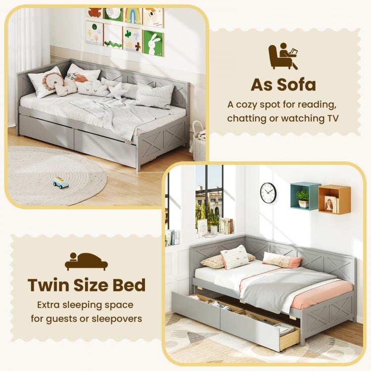 Twin Size Daybed with 2 Storage Drawers No Box Spring Needed-Gray