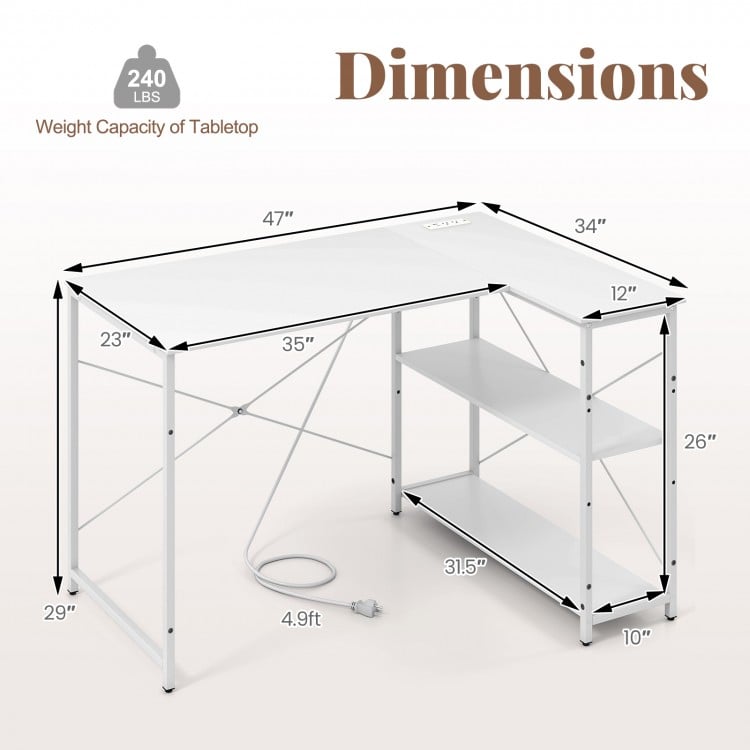 L-shaped 47 Inch Reversible Corner Desk with Adjustable Storage Shelves-White