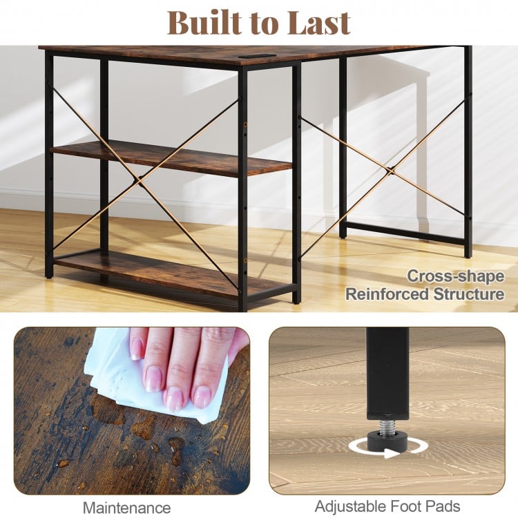 L-shaped 47 Inch Reversible Corner Desk with Adjustable Storage Shelves-Rustic Brown