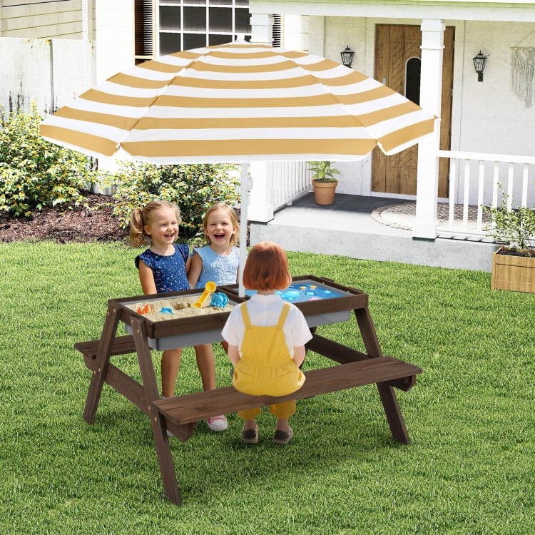 Kids 3-in-1 Outdoor Picnic Water Sand Table with Umbrella Play Boxes