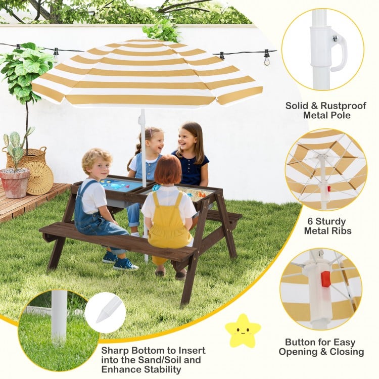 Kids 3-in-1 Outdoor Picnic Water Sand Table with Umbrella Play Boxes