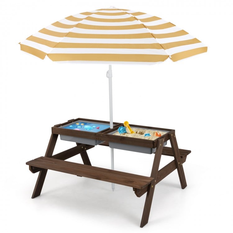 Kids 3-in-1 Outdoor Picnic Water Sand Table with Umbrella Play Boxes