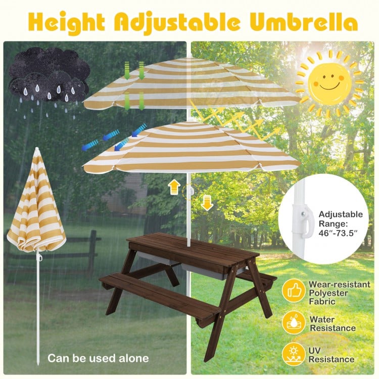 Kids 3-in-1 Outdoor Picnic Water Sand Table with Umbrella Play Boxes