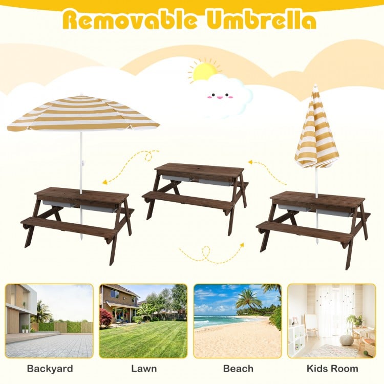 Kids 3-in-1 Outdoor Picnic Water Sand Table with Umbrella Play Boxes