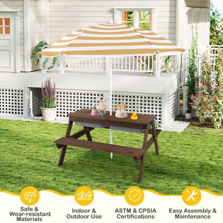 Kids 3-in-1 Outdoor Picnic Water Sand Table with Umbrella Play Boxes