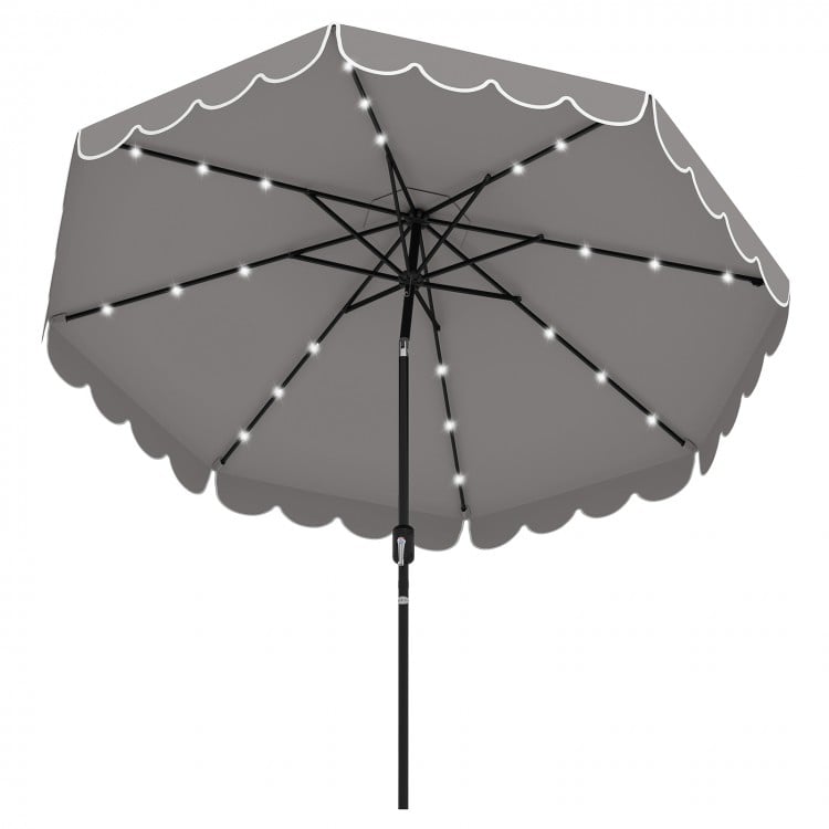 9.3 FT Solar Patio Umbrella with 24 LED Lights Vented Top and Ruffles-Gray