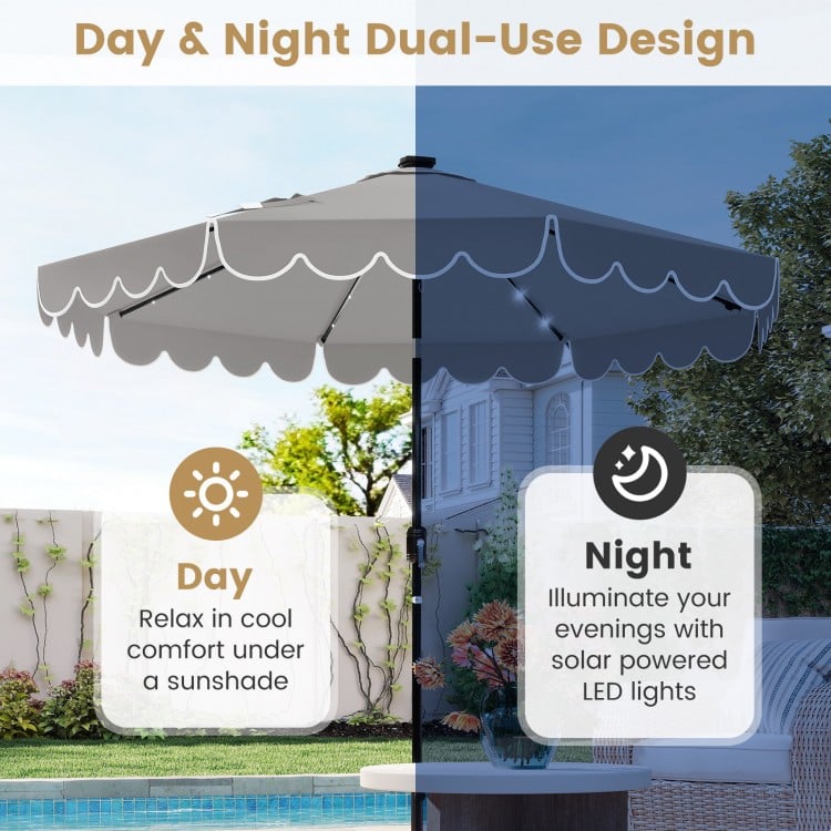 9.3 FT Solar Patio Umbrella with 24 LED Lights Vented Top and Ruffles-Gray