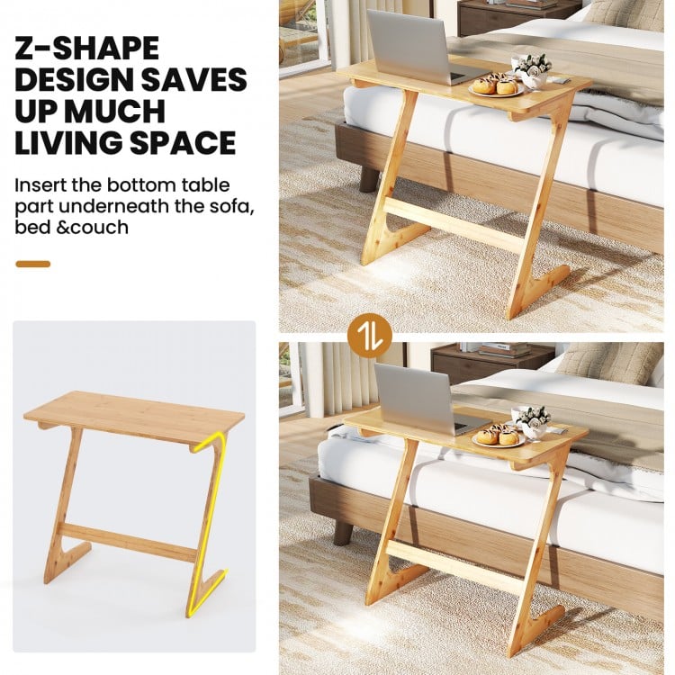 Bamboo Z-Shaped Spacious Sofa Side Table with Space-Saving Tabletop-Natural