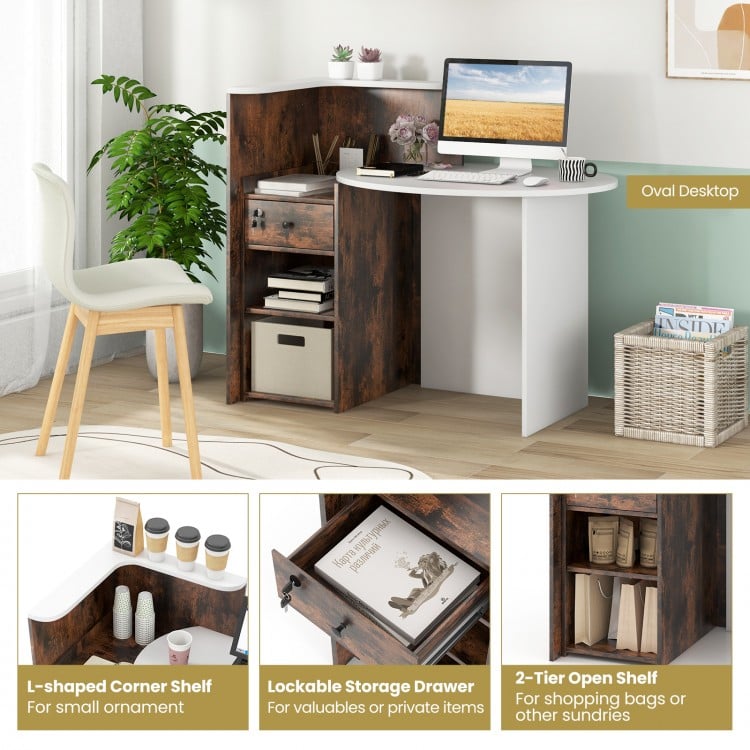 Front Reception Office Desk with Open Shelf and Lockable Drawer-Rustic Brown