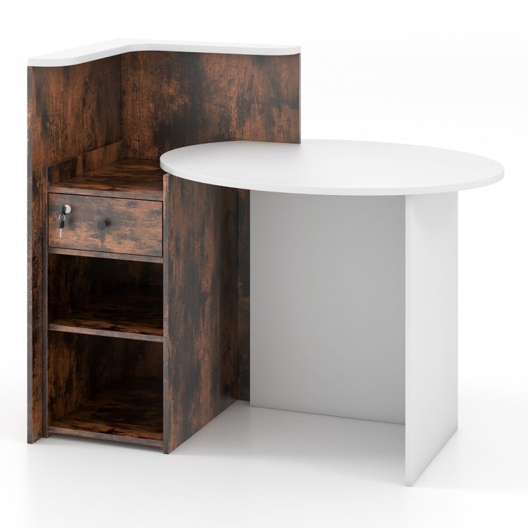 Front Reception Office Desk with Open Shelf and Lockable Drawer-Rustic Brown