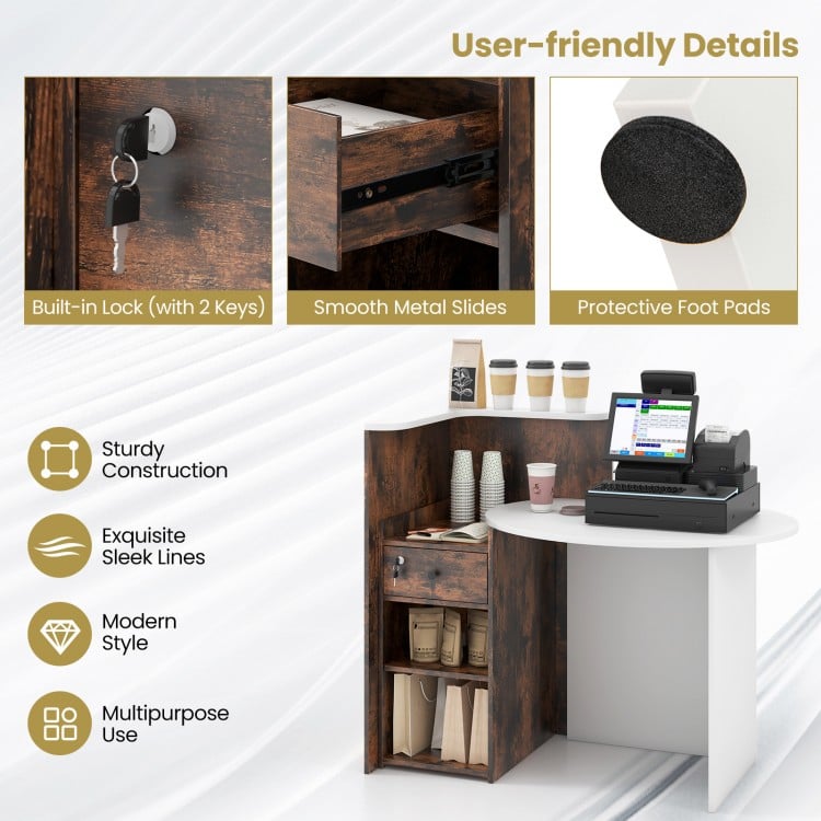 Front Reception Office Desk with Open Shelf and Lockable Drawer-Rustic Brown