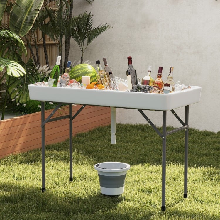 4 Foot Ice Cooler Folding Table Portable Ice Bin Table with Large Sink-White