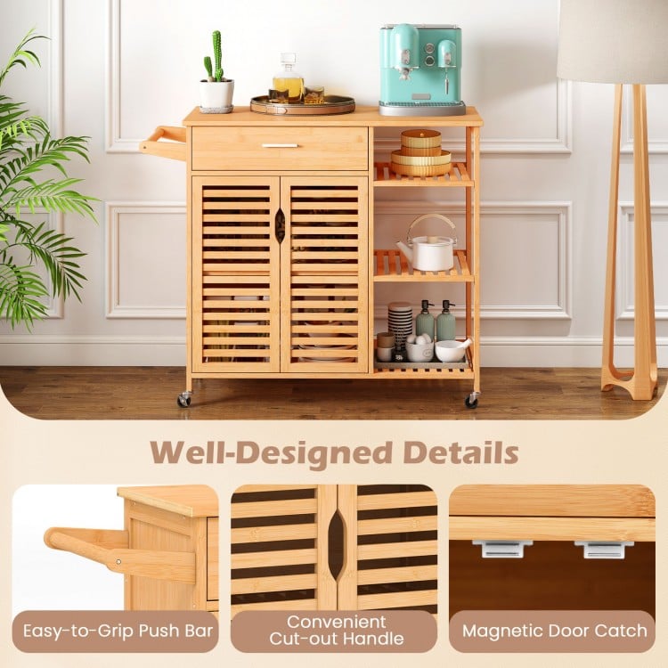 Kitchen Island Cart on Wheels with Sturdy Bamboo Frame-Natural