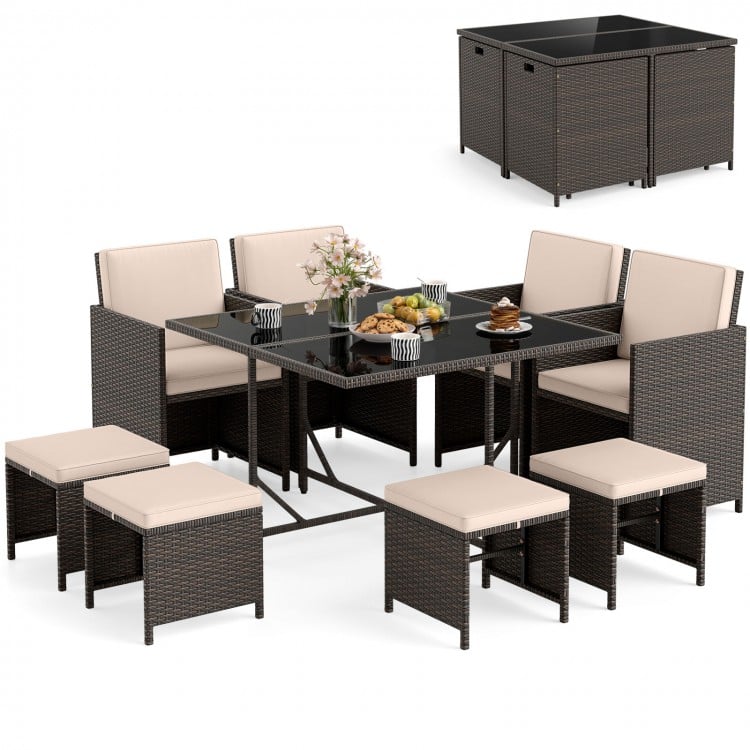 9 Piece Patio Dining Set with Tempered Glass Table and Ottoman-Beige