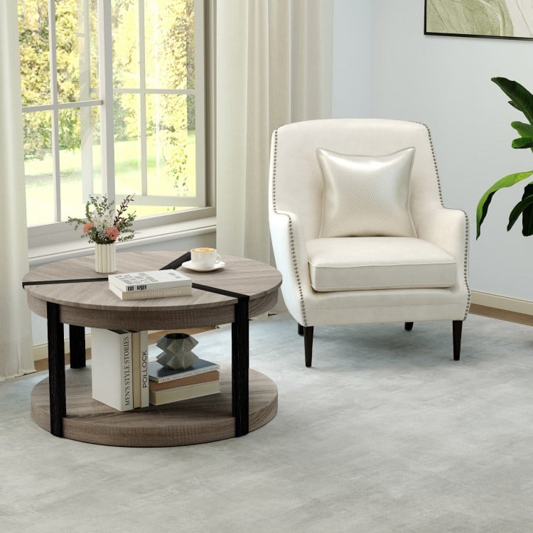 34.5" Rubber Wood 2-Tier Round Center Table with Spacious Tabletop and Storage Shelf-Gray
