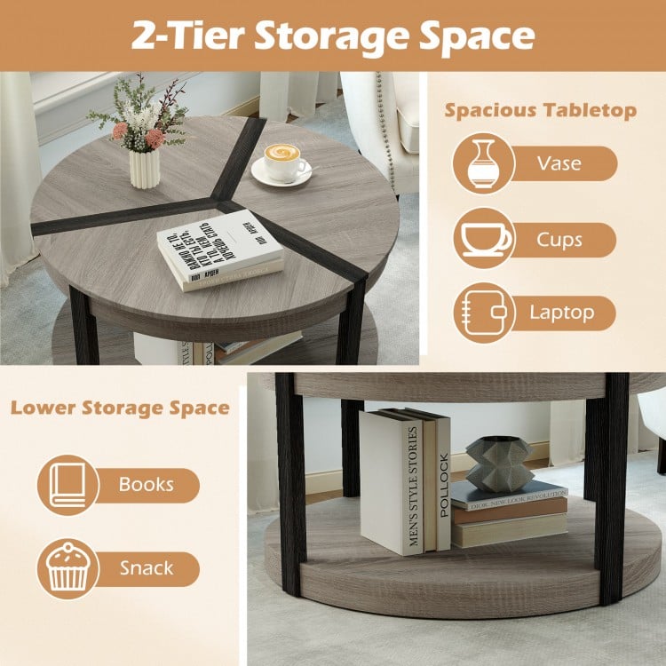 34.5" Rubber Wood 2-Tier Round Center Table with Spacious Tabletop and Storage Shelf-Gray