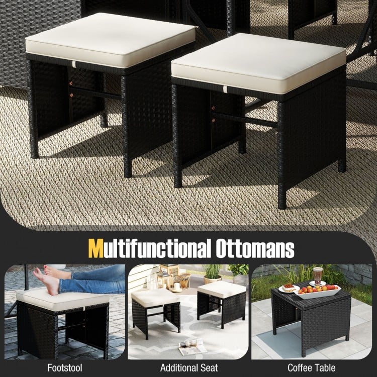 9 Piece Patio Dining Set with Tempered Glass Table and Ottoman-White