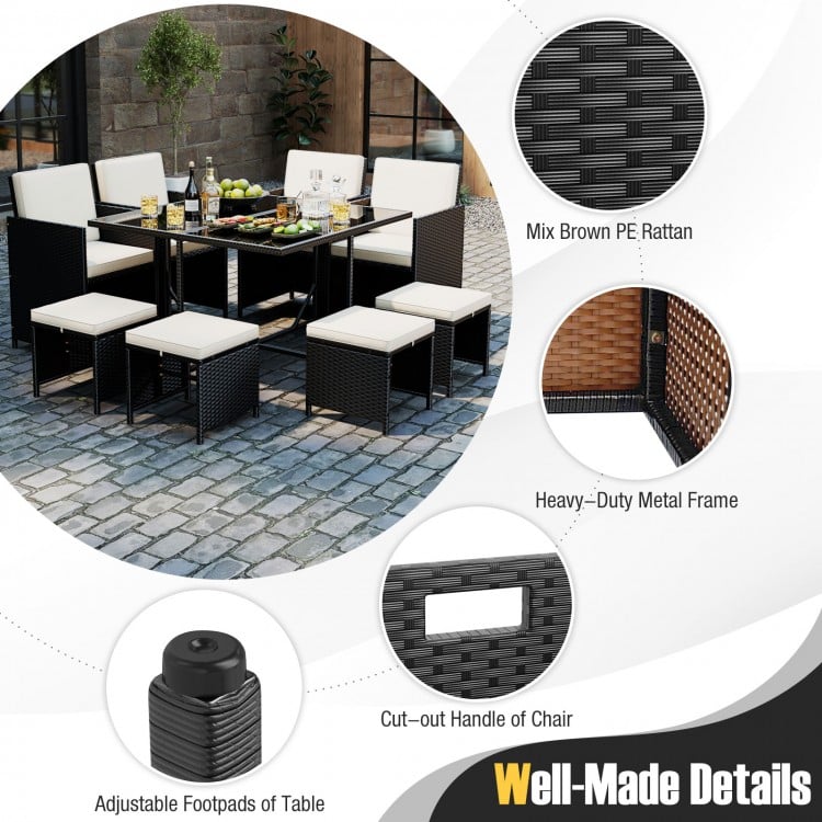 9 Piece Patio Dining Set with Tempered Glass Table and Ottoman-White