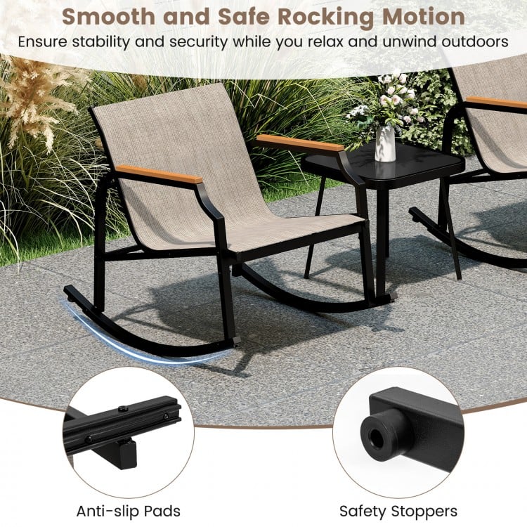 3 Piece Patio Rocking Bistro Set with Tempered Glass Coffee Table and Armrests for Porch-Brown