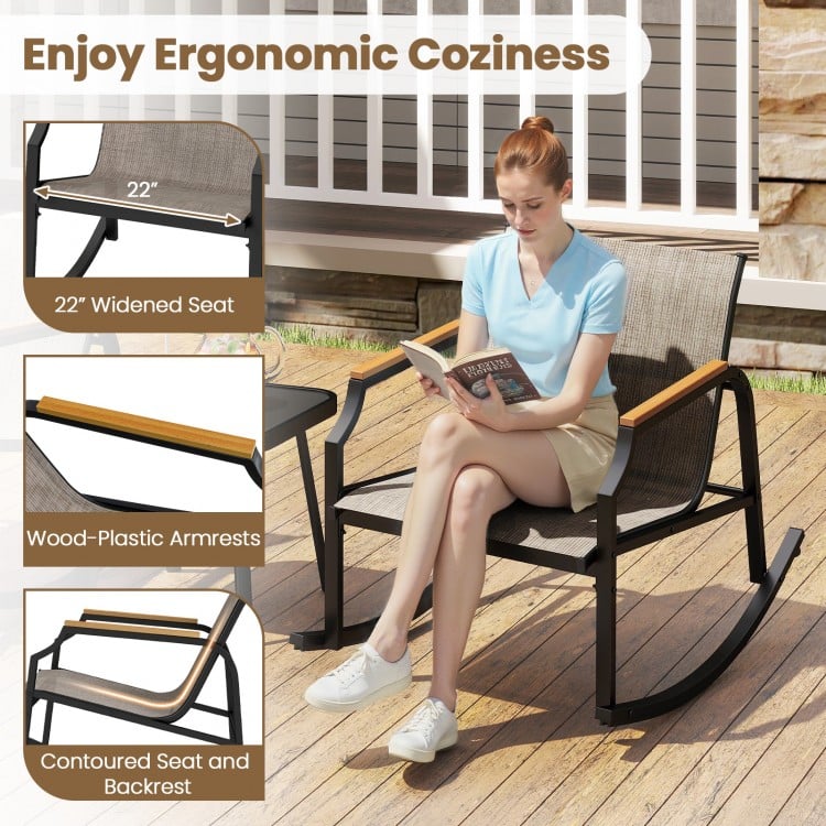 3 Piece Patio Rocking Bistro Set with Tempered Glass Coffee Table and Armrests for Porch-Brown
