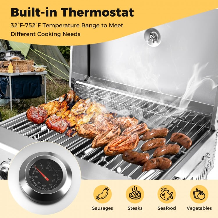 Stainless Steel Propane Grill with Lid for Outdoor Camping Tailgating Picnic Party
