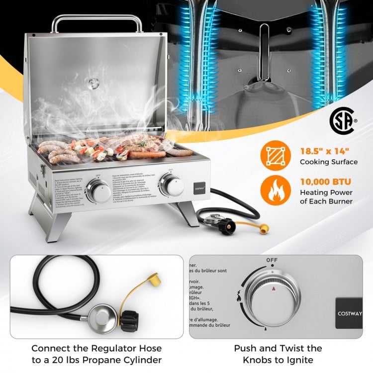 Stainless Steel Propane Grill with Lid for Outdoor Camping Tailgating Picnic Party