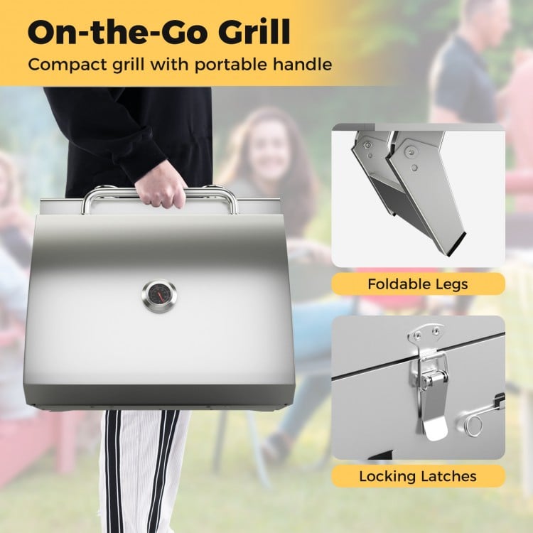 Stainless Steel Propane Grill with Lid for Outdoor Camping Tailgating Picnic Party