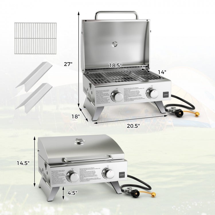 Stainless Steel Propane Grill with Lid for Outdoor Camping Tailgating Picnic Party