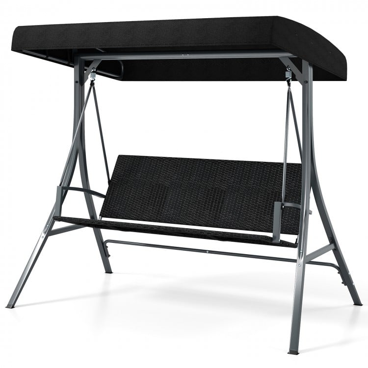 3-Person Porch Swing with Stand Outdoor Canopy Swing with Rattan Seat Back-Black