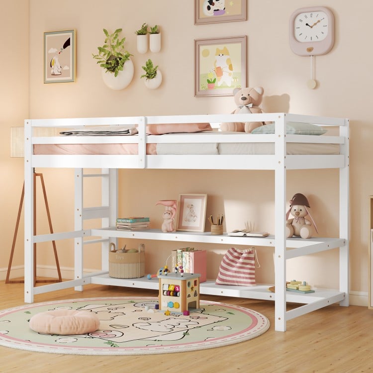 Twin Size Loft Bed with Storage Shelves Full-length Guardrails and Ladder-White
