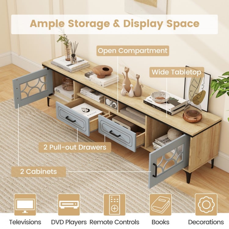 Farmhouse TV Stand for TVs up to 80 Inch with 2 Drawers-Oak and Gray