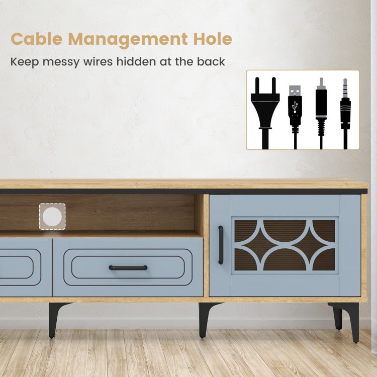 Farmhouse TV Stand for TVs up to 80 Inch with 2 Drawers-Oak and Gray