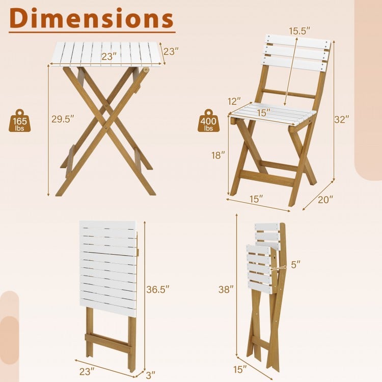 3 Piece Folding Patio Bistro Set with Foldable Design Acacia Wood Porch Chairs and Square Table