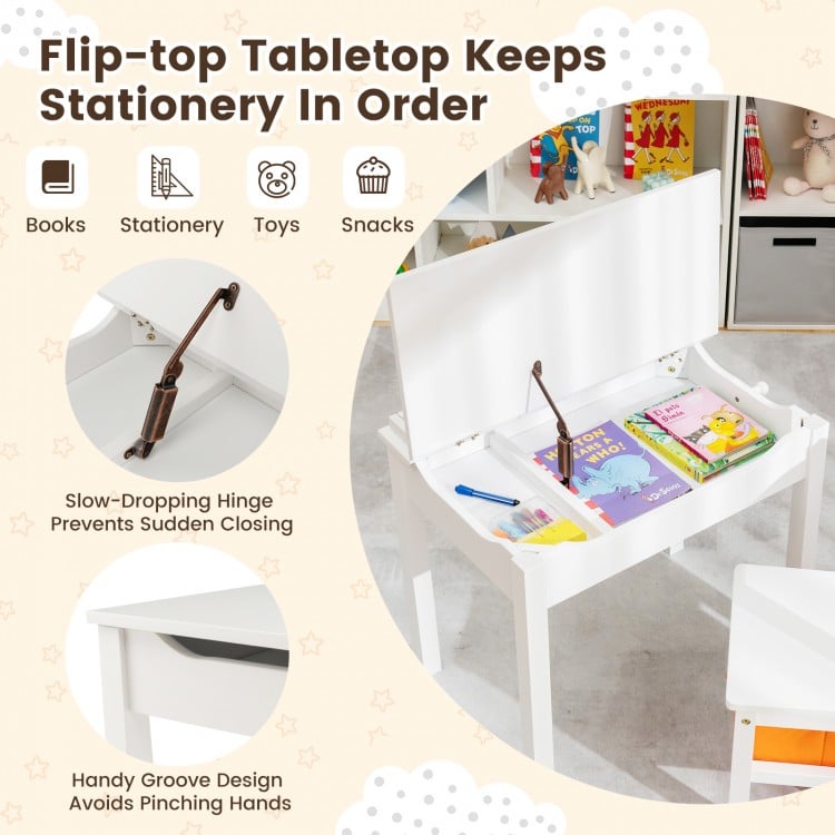 Wood Activity Kids Table and Chair Set with Storage Space-White