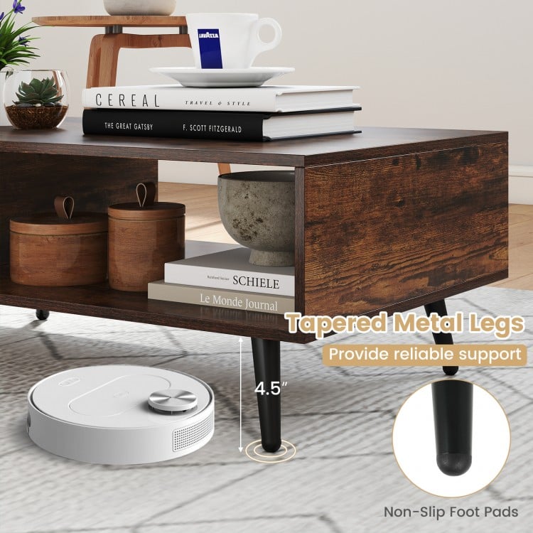 Mid Century Modern Rectangle Coffee Table 2-Tier Accent Table with 2 Open Compartments-Rustic Brown