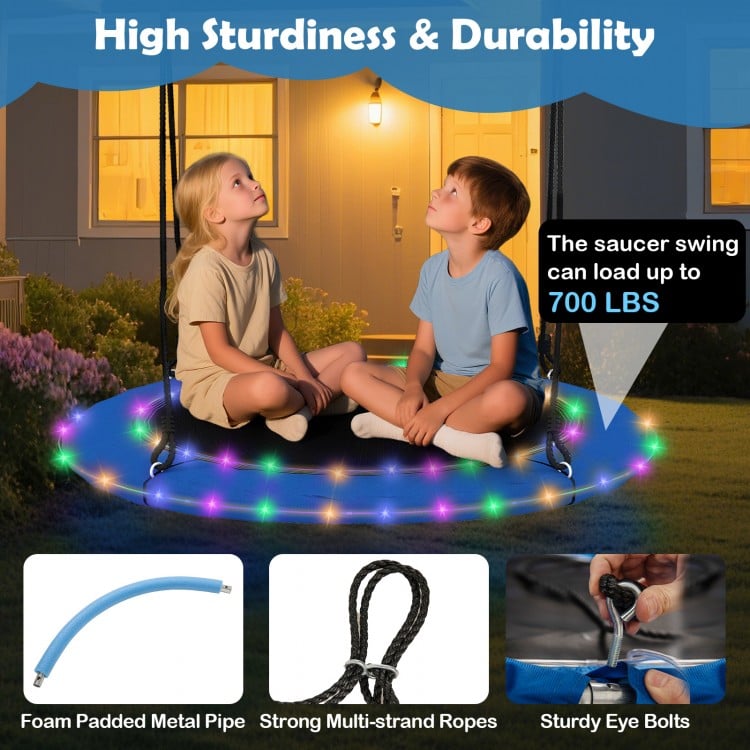 40 Inches Saucer Tree Swing Round with Lights for Kids and Adults-Blue