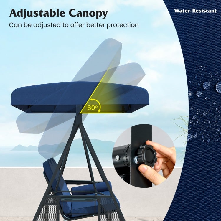 3-Seat Patio Swing Chair Porch Swing with Adjustable Canopy Thickened Cushions Pillow and Foldable Side Trays-Navy