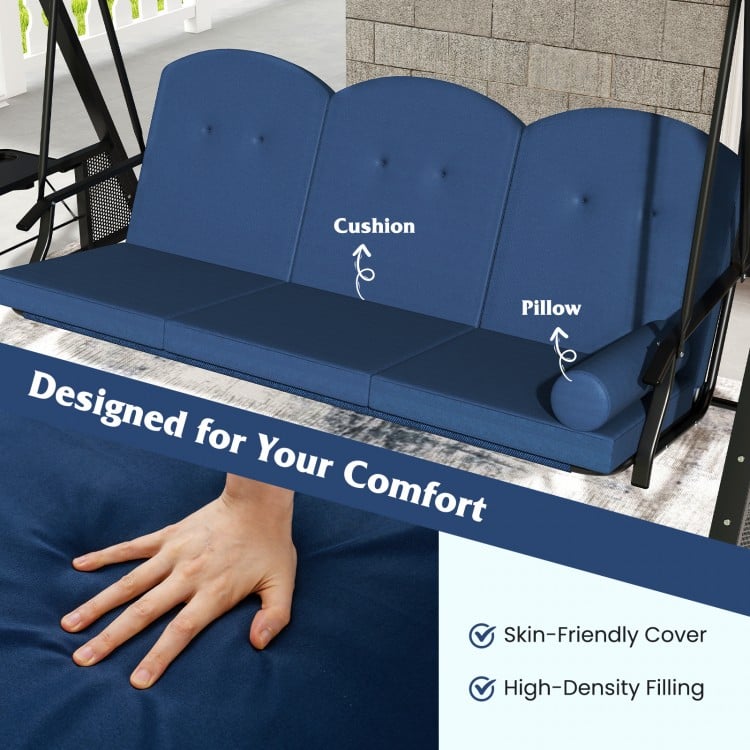 3-Seat Patio Swing Chair Porch Swing with Adjustable Canopy Thickened Cushions Pillow and Foldable Side Trays-Navy