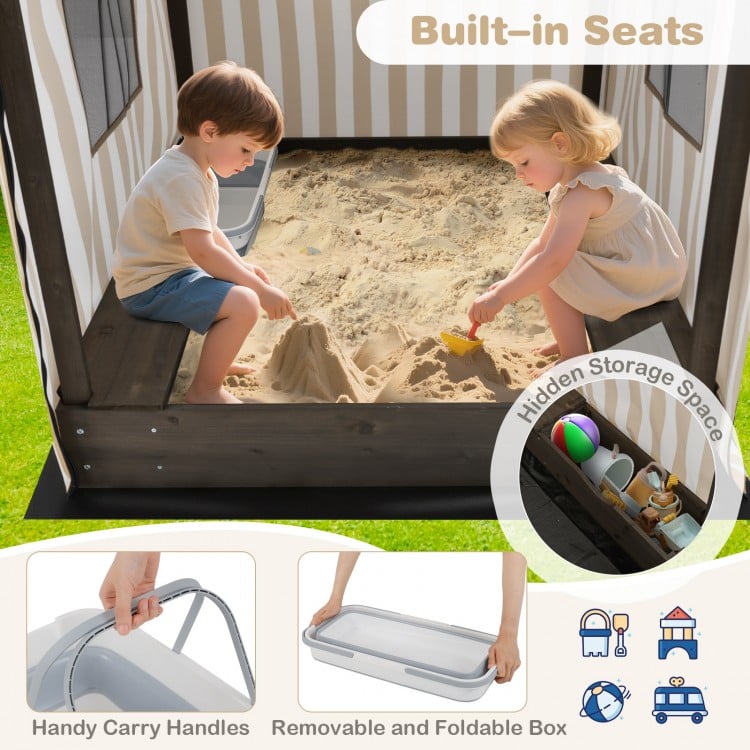 Wooden Sandbox with Canopy for Children 3+ Years Old-Brown