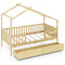 Twin House Bed with 2 Storage Drawers and Roof & Fence Rails-Natural