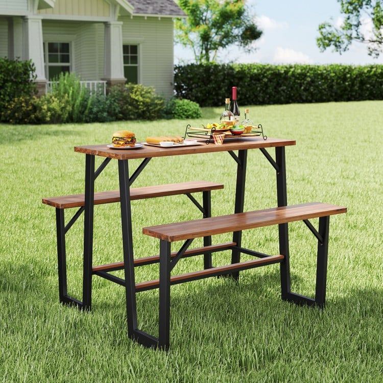 Patio Picnic Table Bench Set with Acacia Wood Tabletop and Benchtop