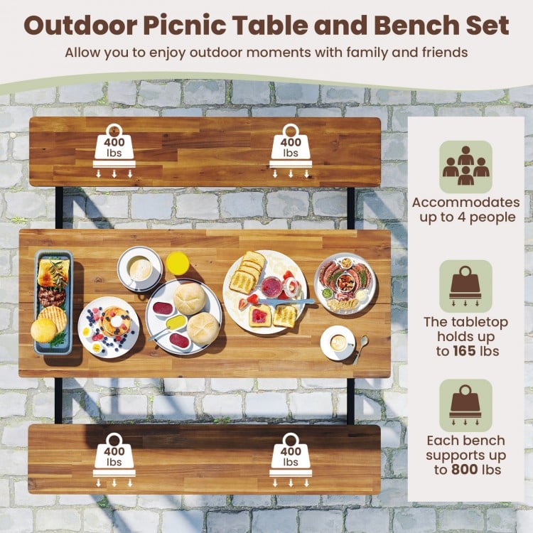 Patio Picnic Table Bench Set with Acacia Wood Tabletop and Benchtop