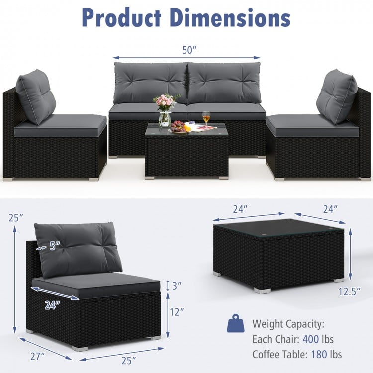 5-Piece Outdoor Patio Furniture Set with Cushions and Coffee Table-Gray