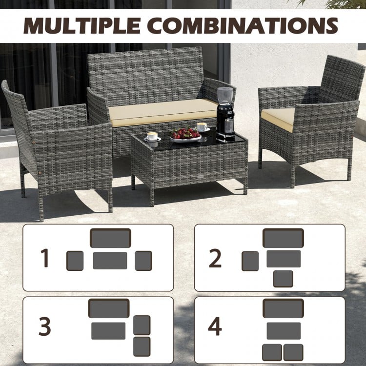 4 Pieces Patio Rattan Conversation Set with Tempered Glass Coffee Table-Beige