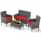 4-Piece Patio Rattan Conversation Set with Tempered Glass Coffee Table – Red or Turquoise Cushions
