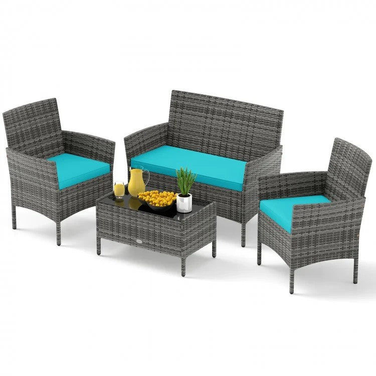 4-Piece Patio Rattan Conversation Set with Tempered Glass Coffee Table – Red or Turquoise Cushions