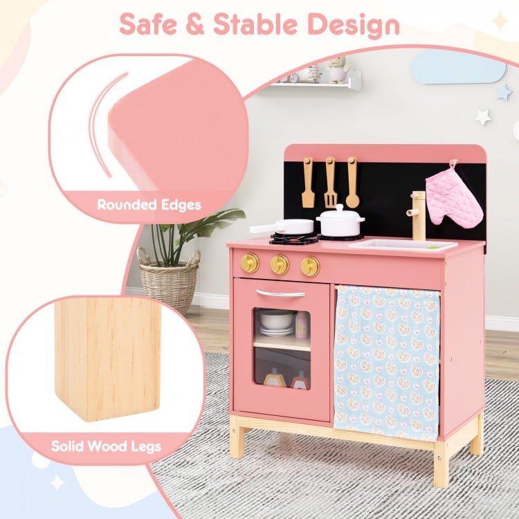 Play Kitchen for Kids Wooden Kitchen Playset with Door Curtain-Pink
