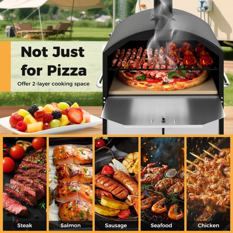 Outdoor 16 Inch 2-Layer Wood Fired Pizza Oven with Square Stone