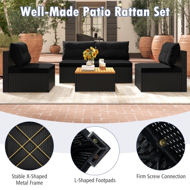5 Piece Outdoor Furniture Set with Solid Tabletop and Soft Cushions-Black