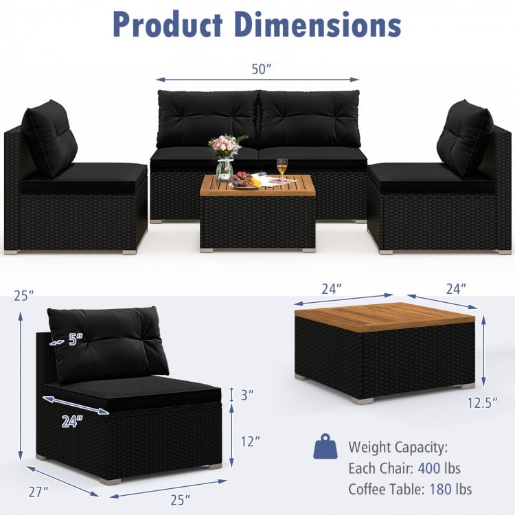 5 Piece Outdoor Furniture Set with Solid Tabletop and Soft Cushions-Black